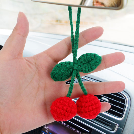 1 Pcs Crochet Car Accessories Cherry Car Decor Car Charms for Rear View Mirror Hand Knitted Car Mirror Hanger Cute Red Crochet Handmade Car Accessory for Women Girls Bag Rear View Mirrors Key Chains