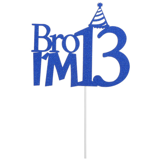 1 Pcs Bro I'm 13 Cake Topper 13th Birthday Decorations for Boy Glitter Funny 13th Birthday Cake Topper Big Brother 13 Year Old Party Decoration Supplies Blue Glitter