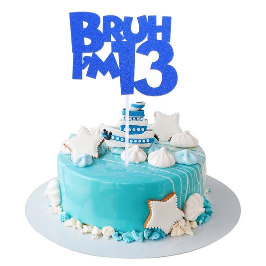 1 Pcs Bruh I'm 13 Cake Topper 13th Birthday Decorations for Boy Glitter Funny 13th Birthday Cake Topper Big Brother 13 Year Old Party Decoration Supplies Blue Glitter